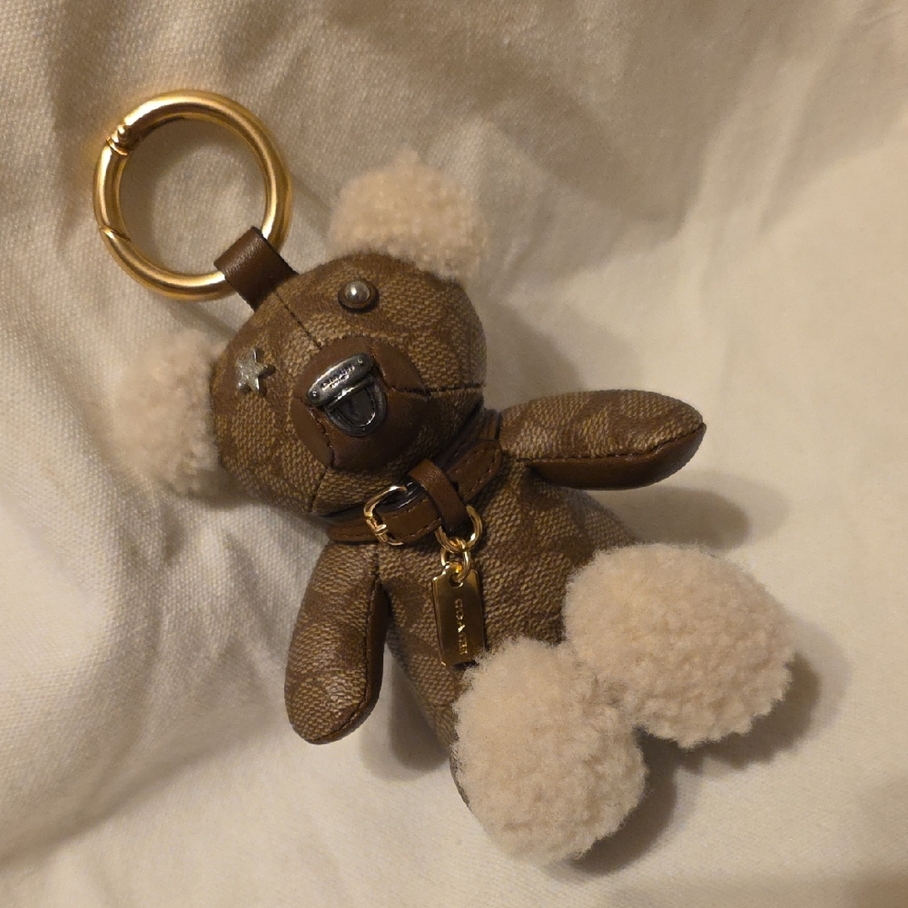 Coach Brown Teddy Bear Keychain with Gold Charm - Picture 1 of 5
